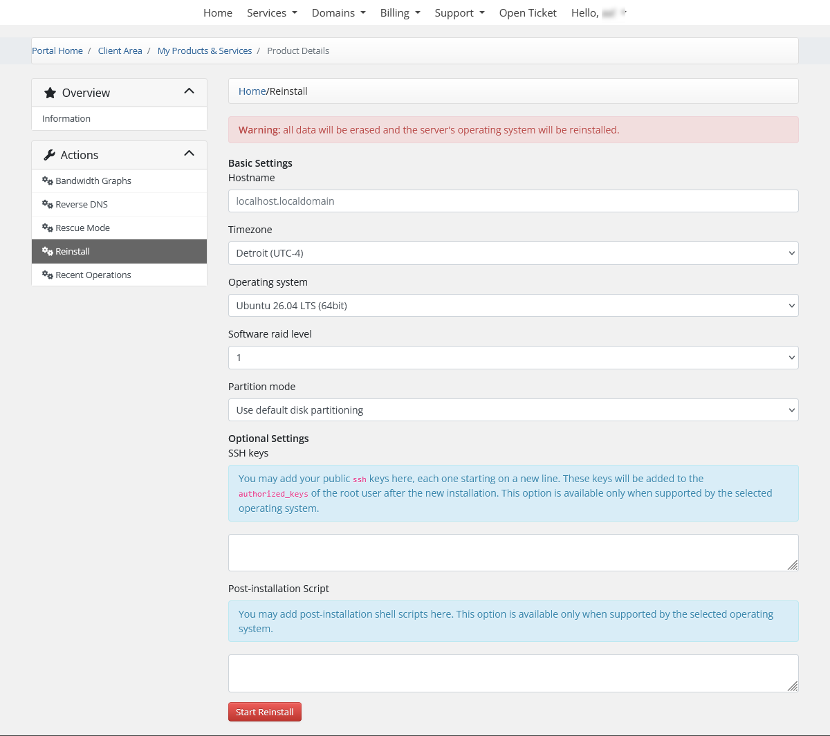 White-label customer reinstall interface showing operating system, software RAID, partitioning, SSH-key, and installation settings.