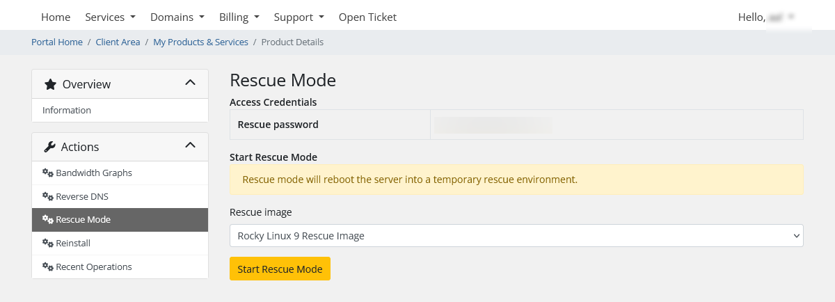 White-label customer rescue-mode interface showing available recovery environments and launch controls.