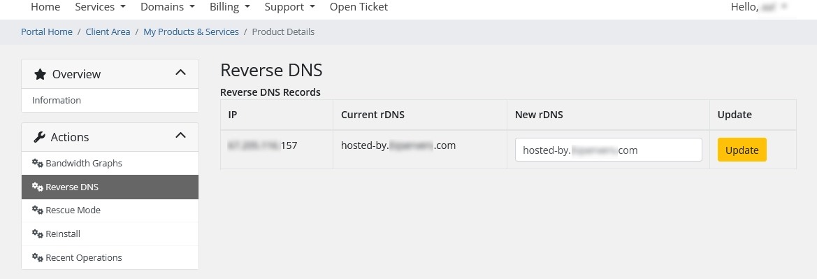 White-label customer reverse DNS interface showing PTR record controls.