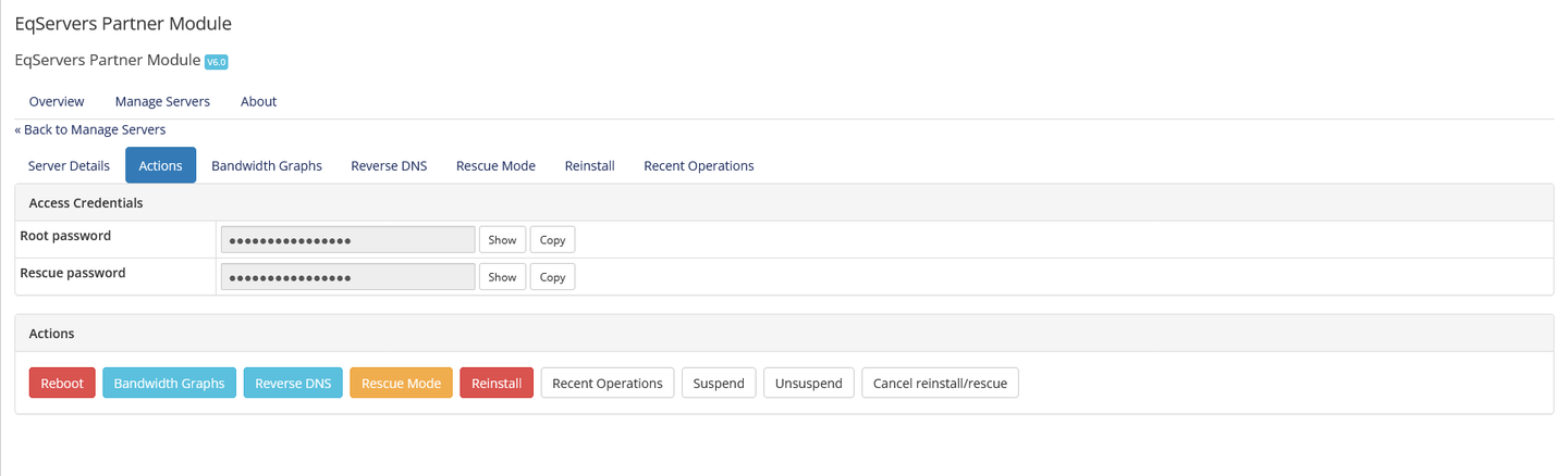 WHMCS credentials view showing root and rescue access controls.