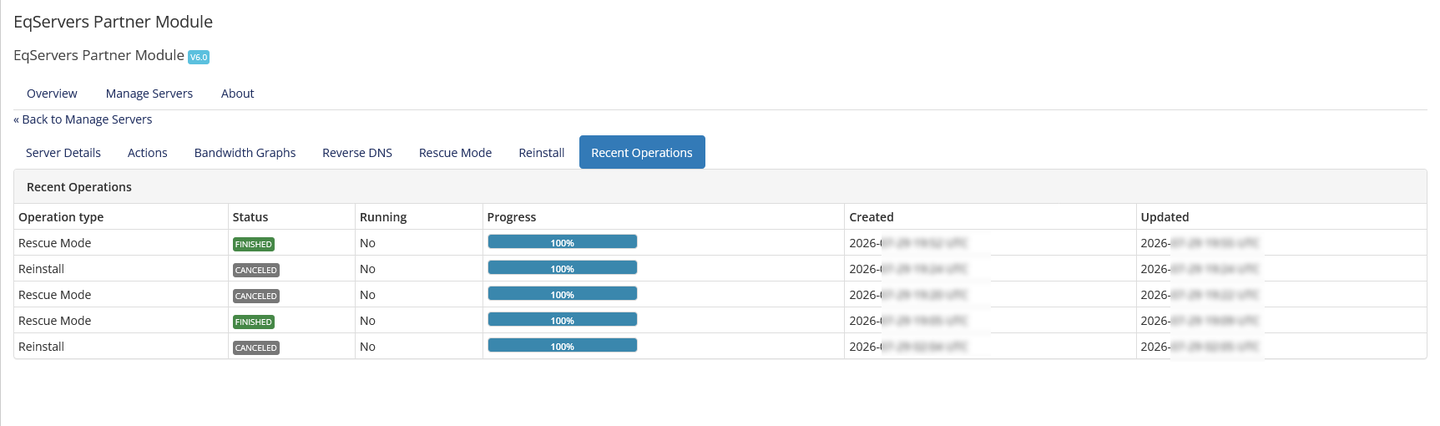 WHMCS operation history and progress view.