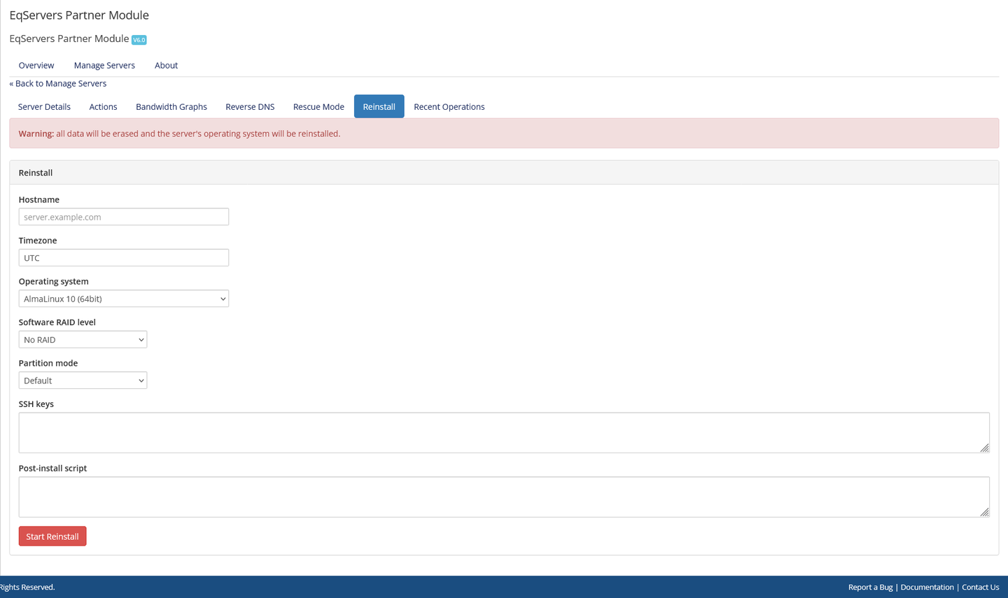 WHMCS reinstall configuration interface.