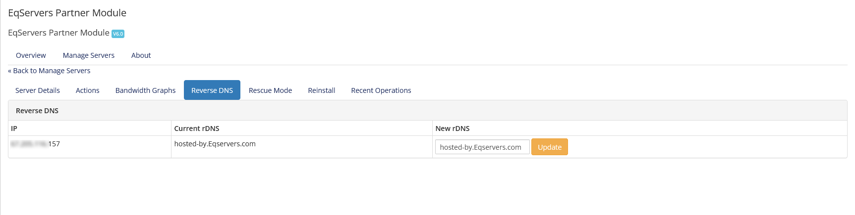 WHMCS reverse DNS interface showing PTR record controls.