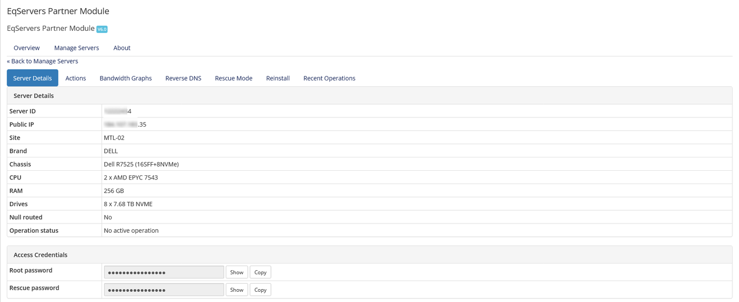 WHMCS server details showing hardware and network information.